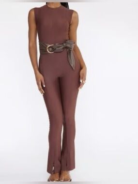 Mott50 Sleeveless Chocolate Brown Fitted Jumpsuit with Waist Tie